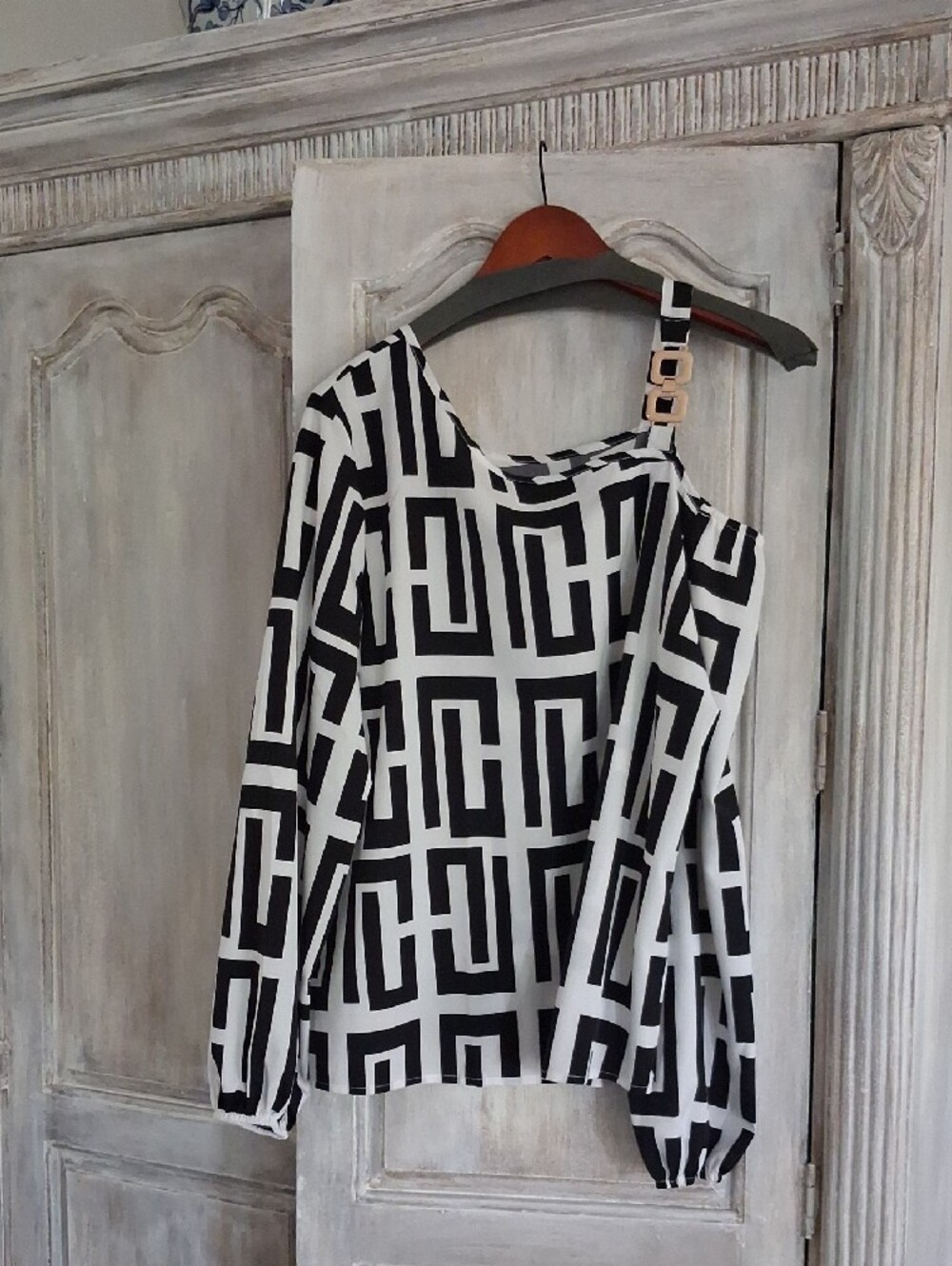 Black & White Geometric One-Shoulder Blouse with Buckle Strap - Picture 2 of 5